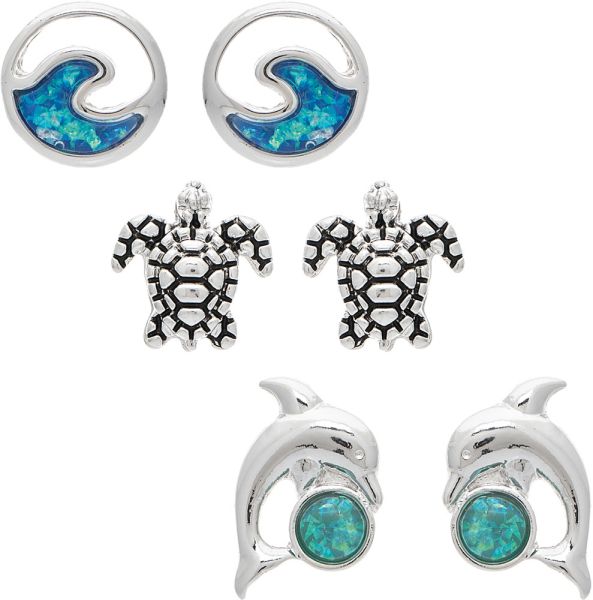 Rain Jewelry | Silver Turtle Wave Dolphin Three Post Earring Set