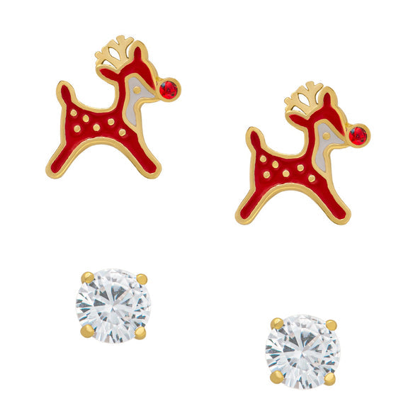 Lily Nily | Reindeer & Lab Created White Sapphire Holiday Stud Set in Sterling Silver