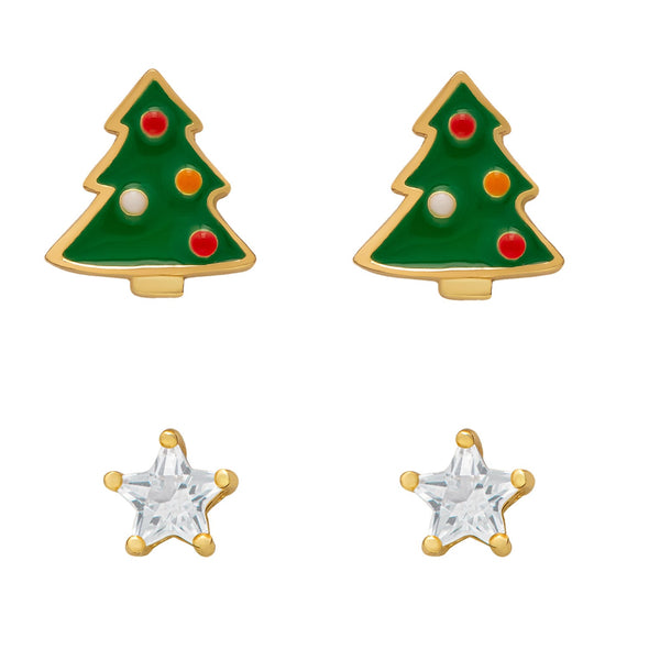 Lily Nily | Christmas Tree & Lab Created White Sapphire Holiday Stud Set in Sterling Silver