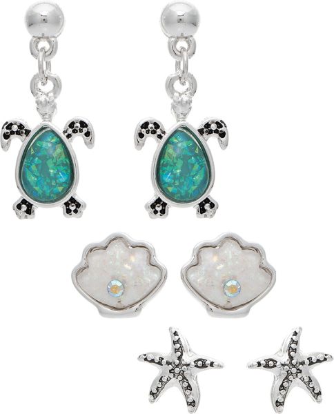 Rain Jewelry | Silver Starfish Shell Turtle Three Post Earring Set